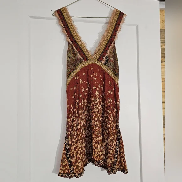 Free People East Willow Trapeze Slip Boho Mini Dress Bohemian Paisley Womens M - Picture 4 of 13
